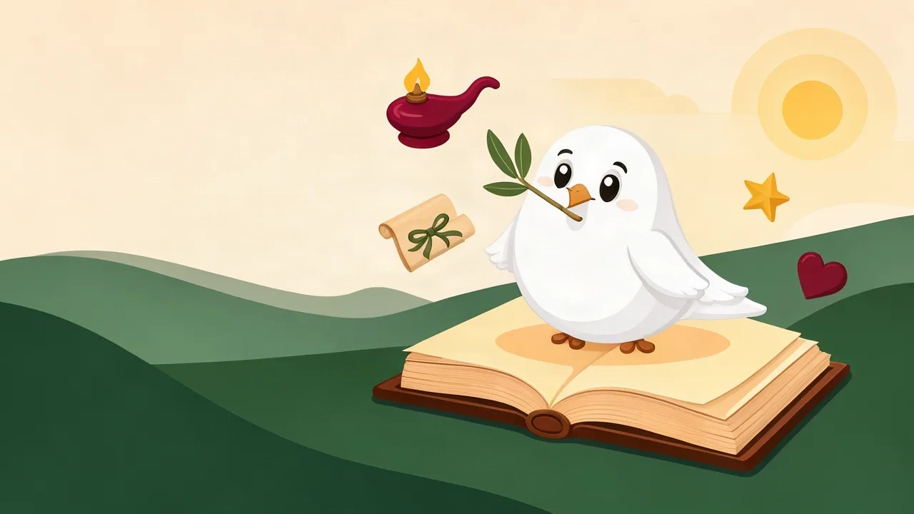 A white dove holding an olive branch on an open book.